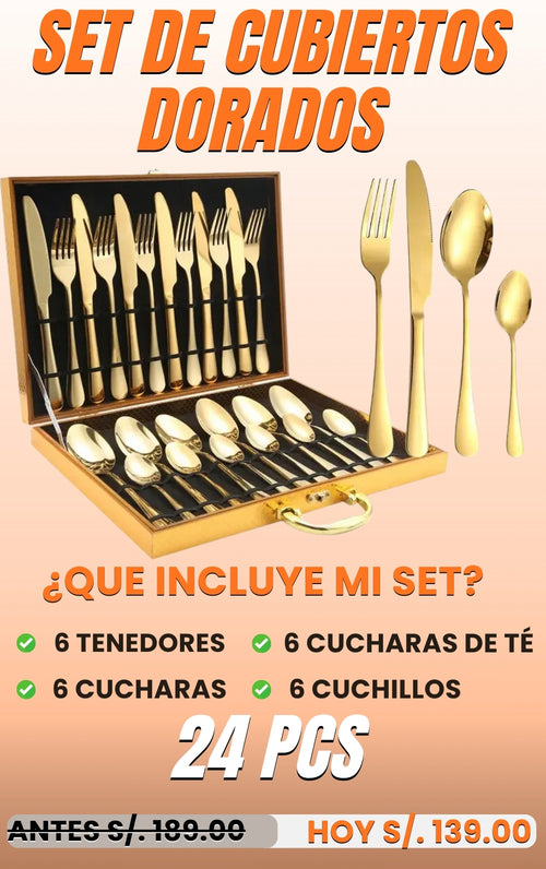 SET DE CUBIERTOS DORADOS 24 PIEZAS EN ACERO INOXIDABLE